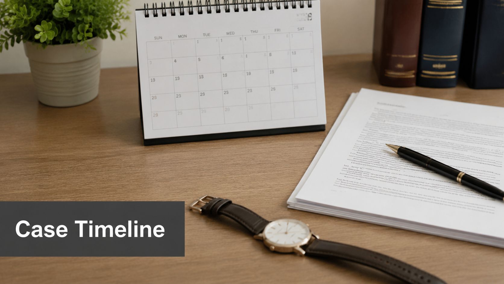 A professional desk workspace with a calendar, legal documents, a pen, and a wristwatch.