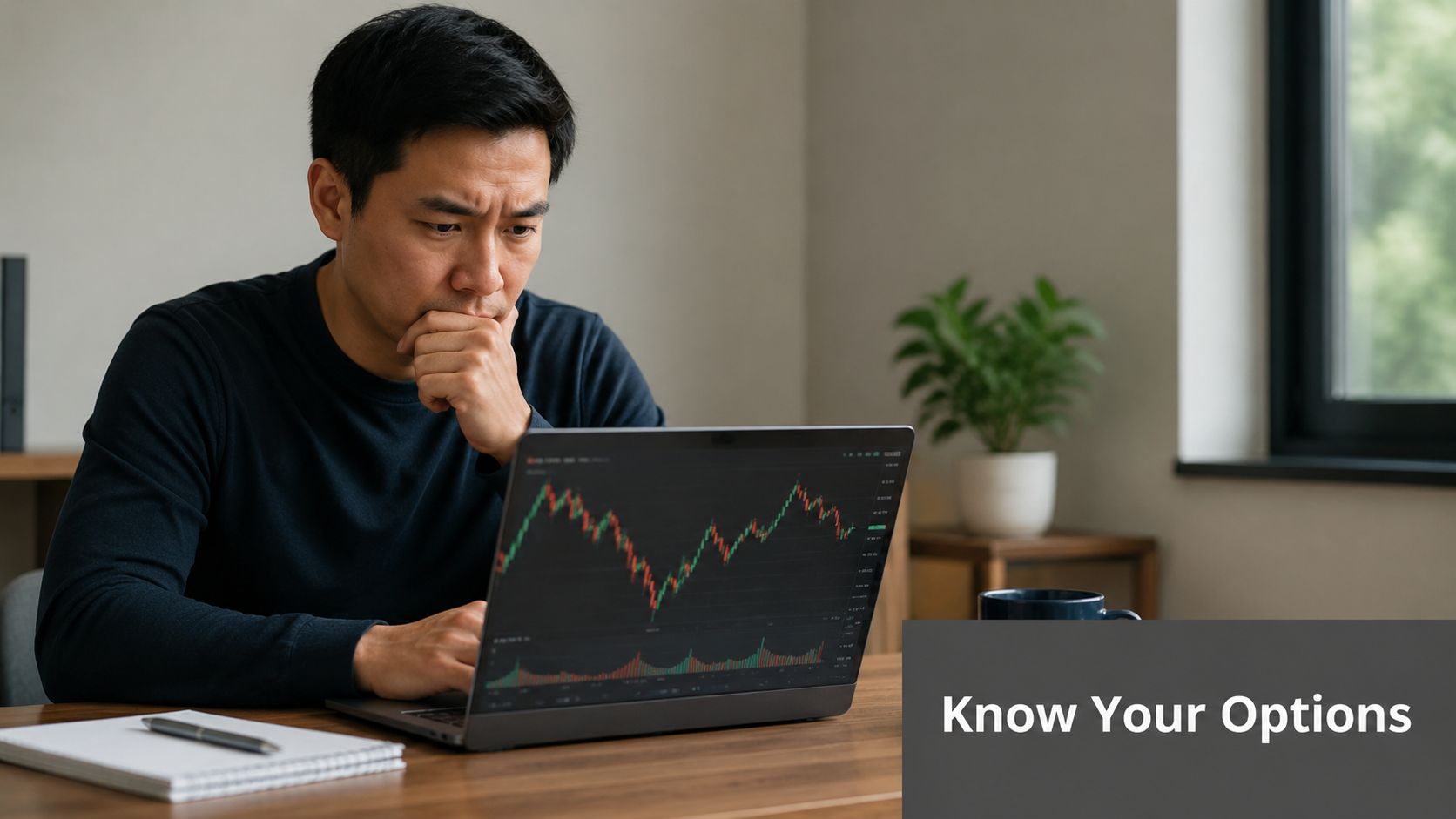 A focused man analyzing stock market trends on his laptop while sitting at a wooden desk.