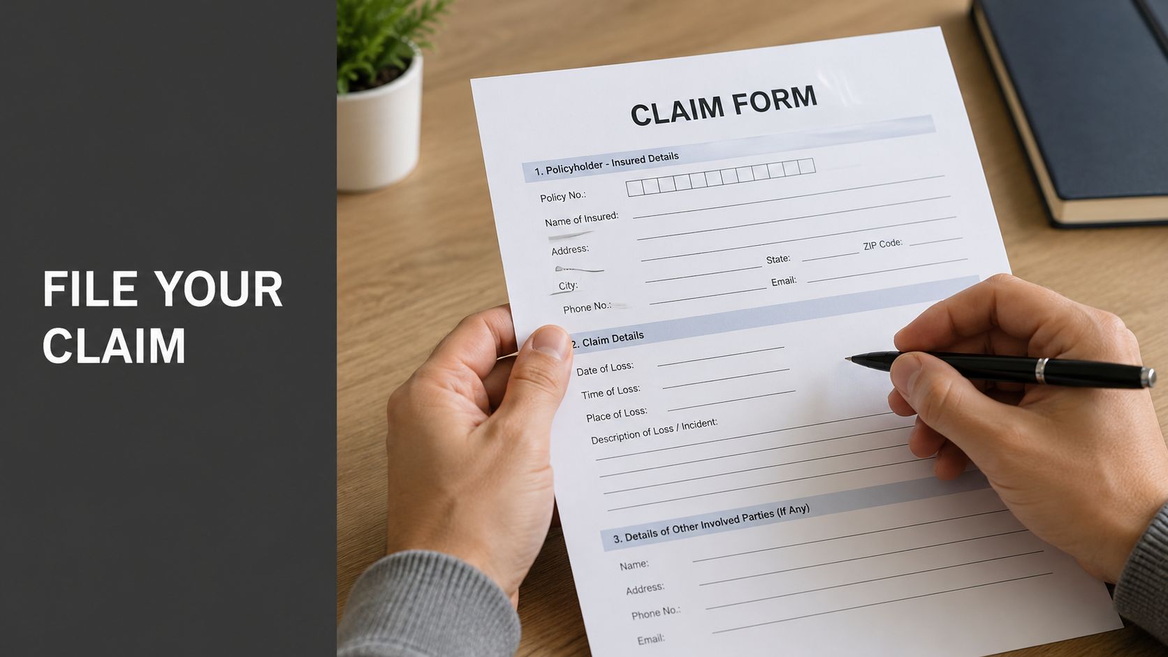A close-up view of a person's hands filling out a formal insurance claim document at a desk.