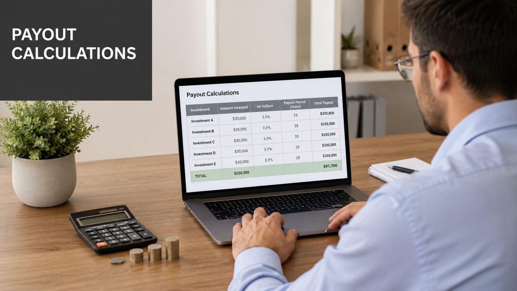 A professional analyzing a payout calculation table on a laptop screen while working at a wooden desk.