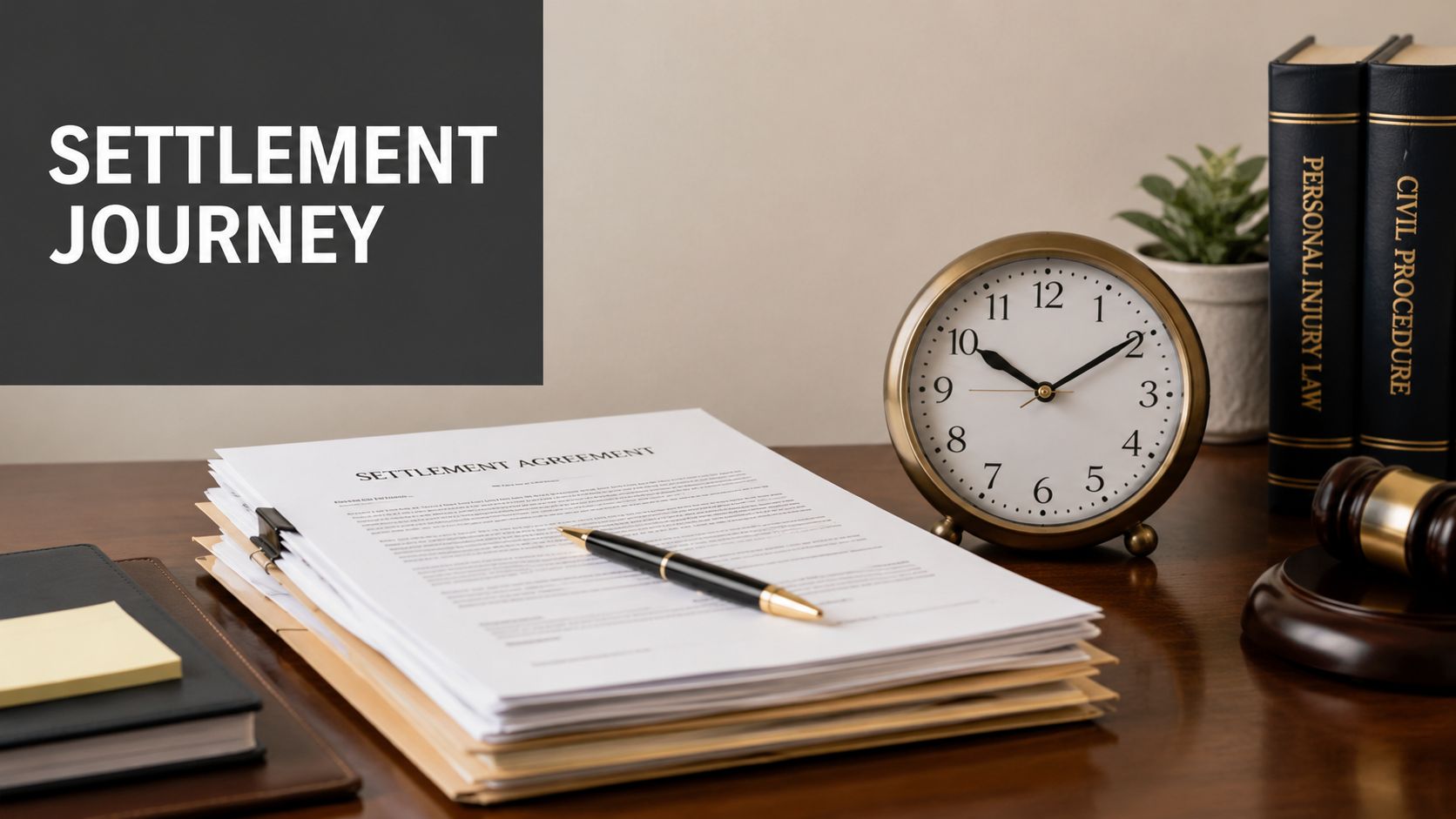 Legal settlement agreement document on a wooden desk with a clock, law books, and a gavel.