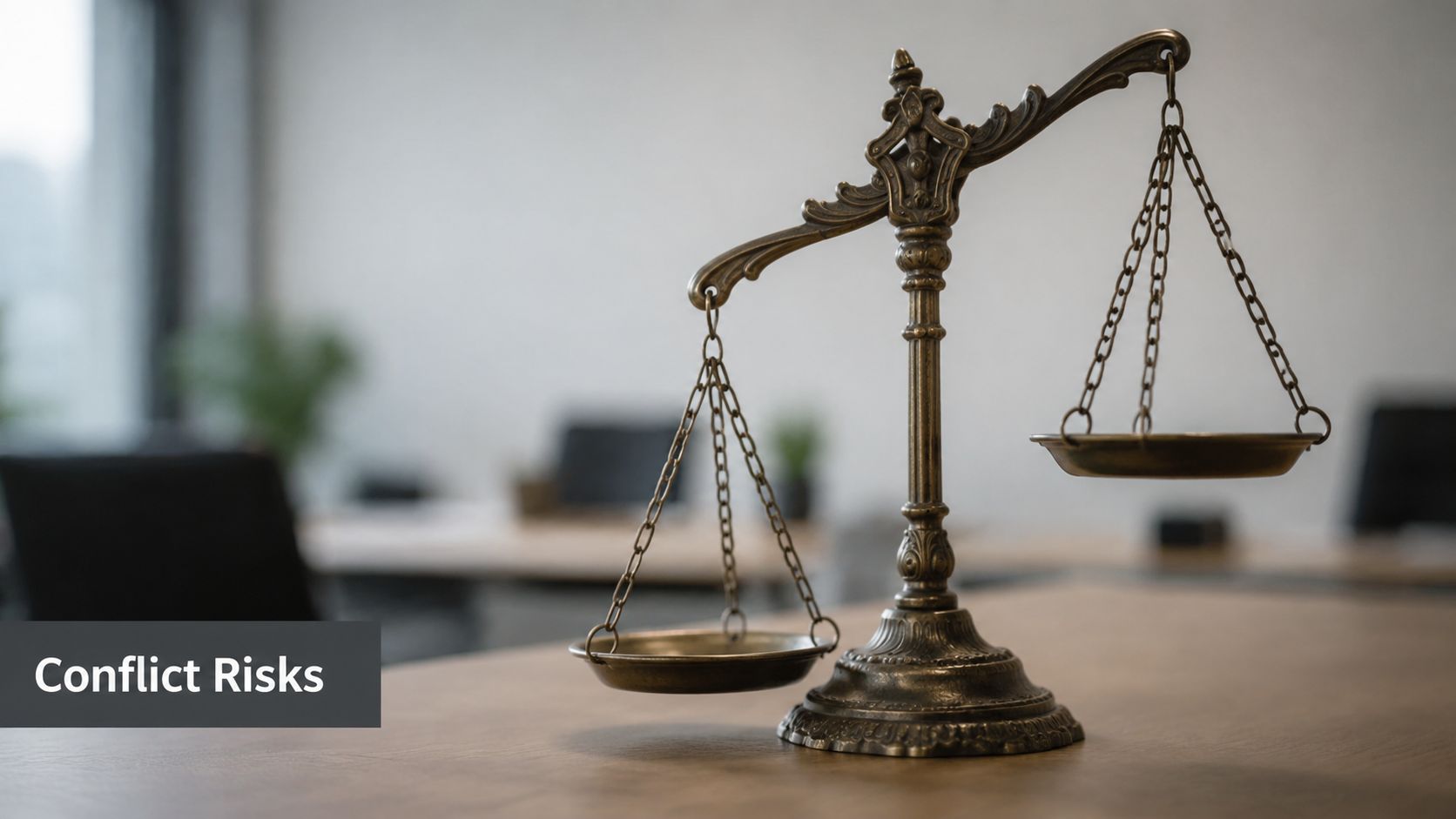 A classic metal scale of justice sitting on a wooden desk in an office environment.