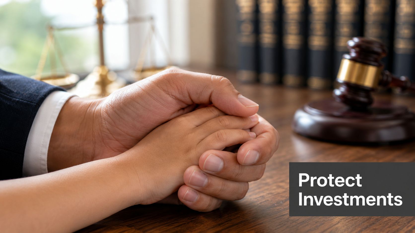 An adult and child holding hands in a courtroom setting, symbolizing protection, legal guidance, and future security.