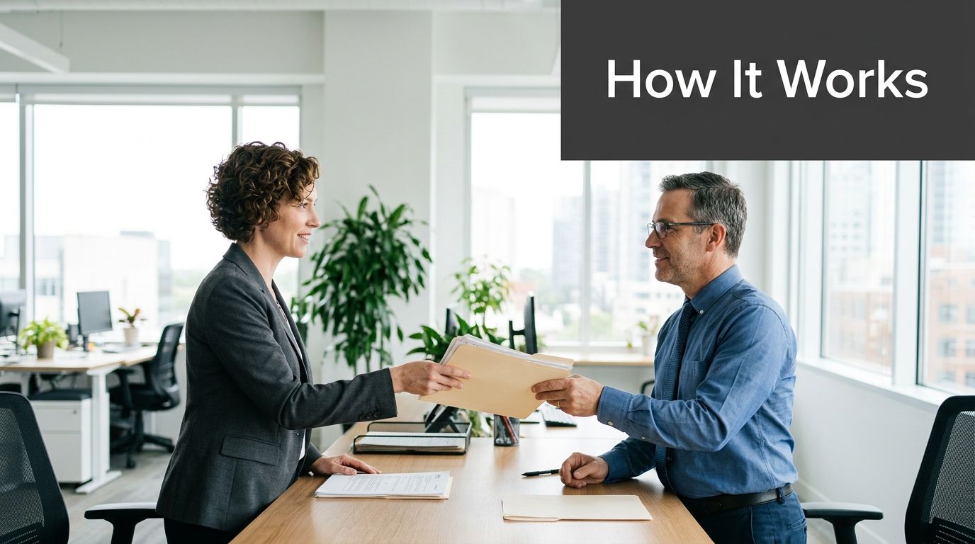 A professional woman in a suit handing a folder to a male colleague in a bright office.