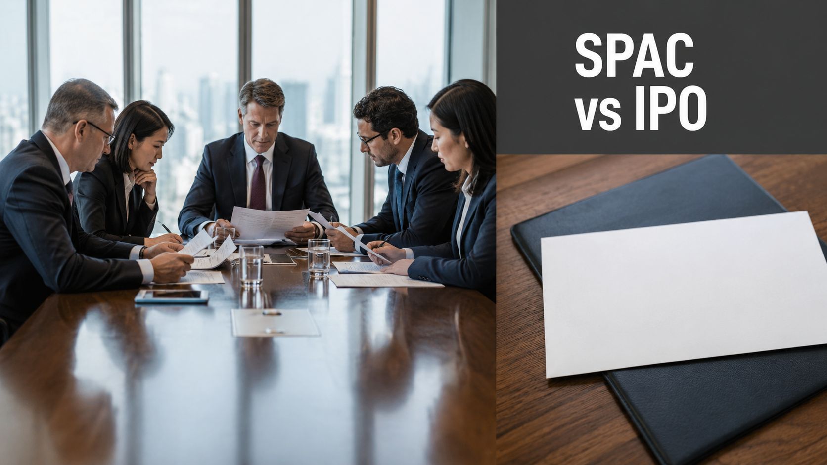 A professional business meeting with executives reviewing documents at a table, presented with the title SPAC vs IPO.