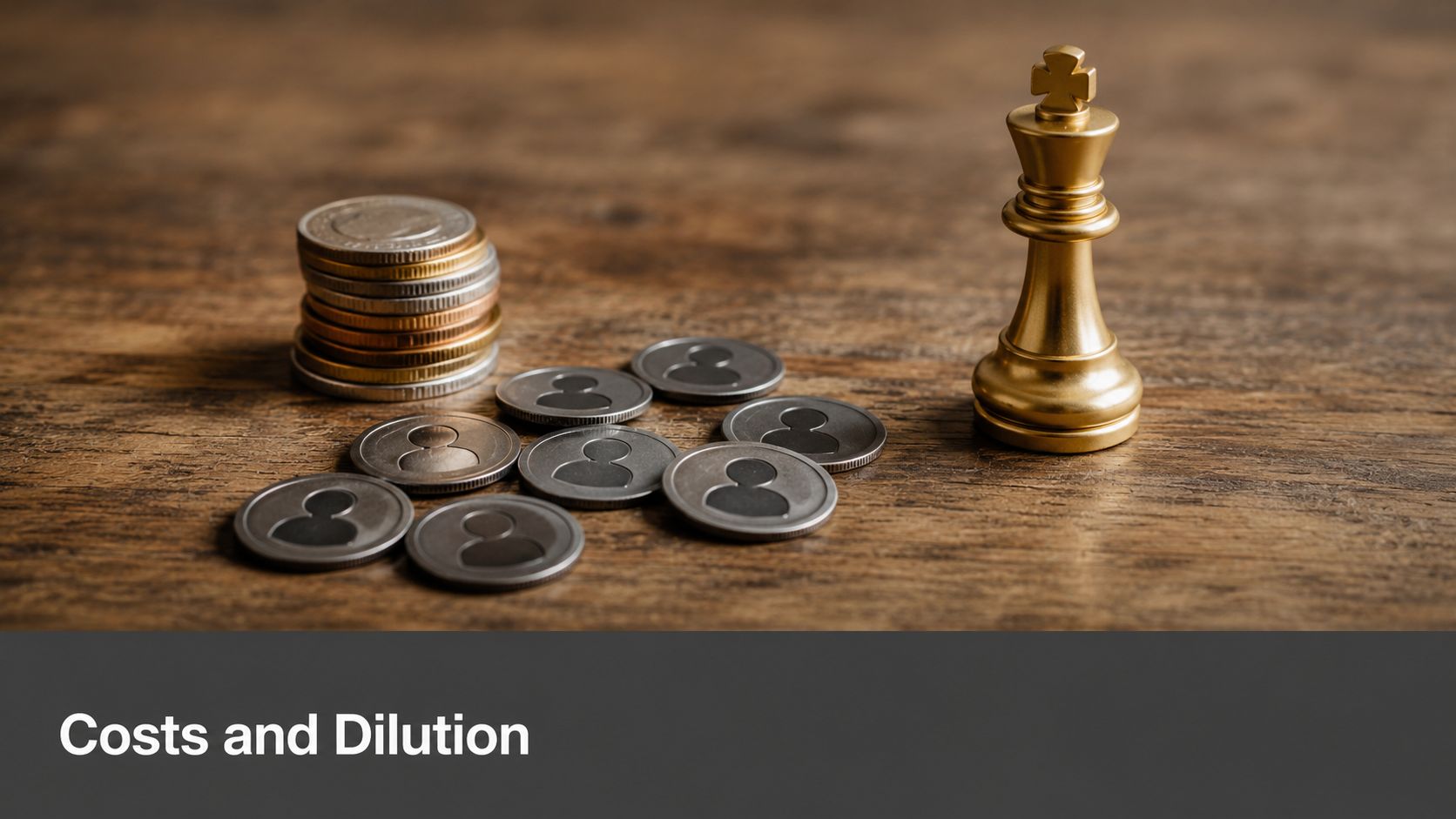 A golden king chess piece standing near a stack and scattered coins with person silhouettes.