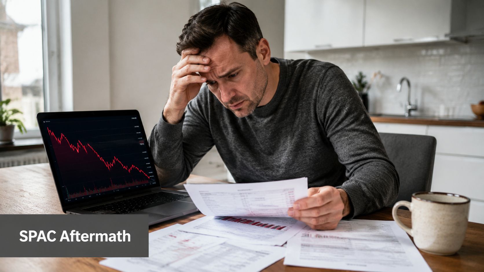 A stressed man reviews financial documents at a table next to a laptop showing a declining stock chart.
