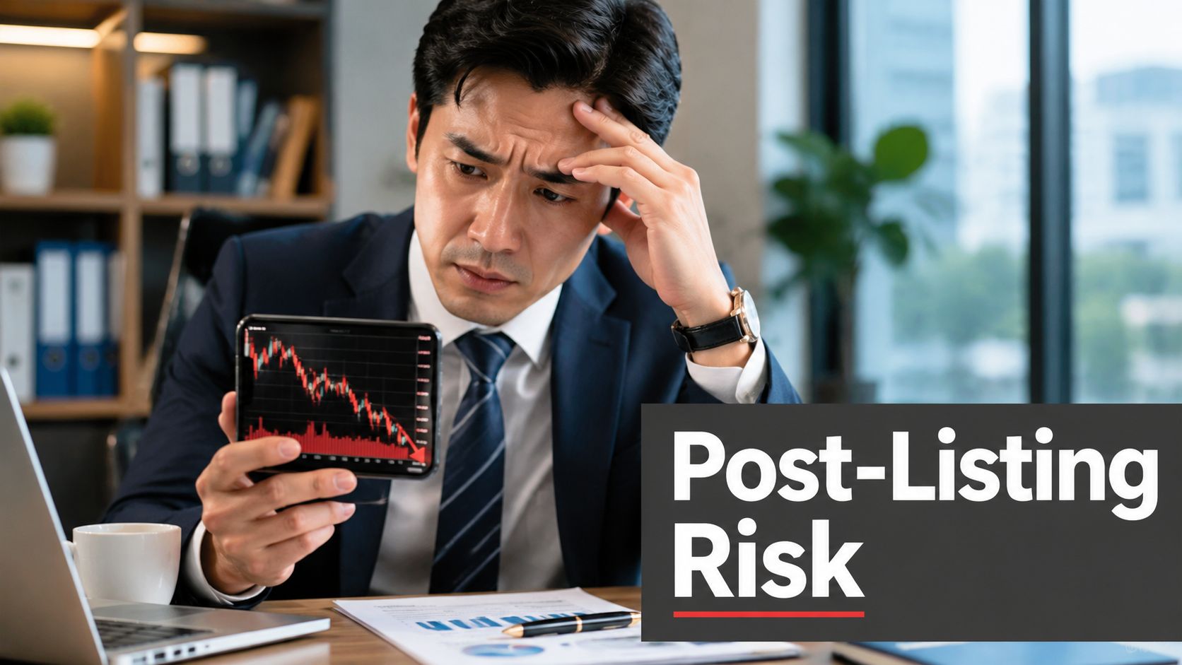 A concerned businessman looking at a smartphone displaying a declining stock market graph in his office.