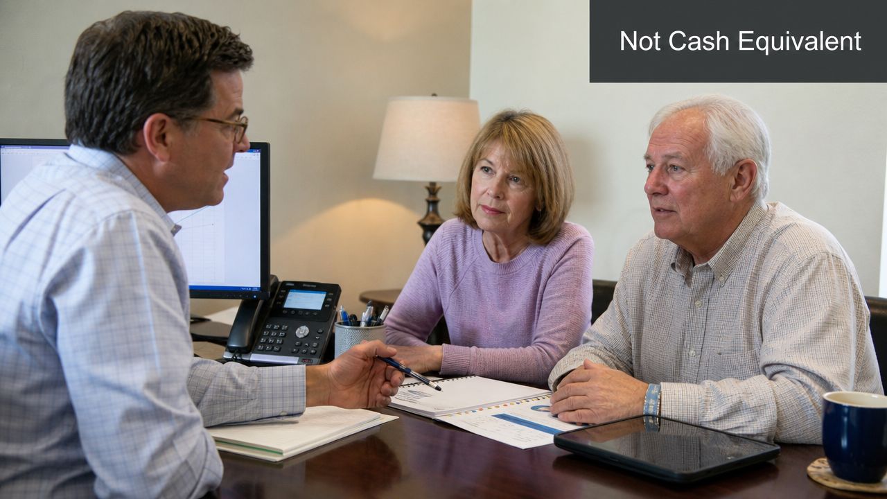 A professional financial advisor discusses investment options with a retired couple at an office desk.
