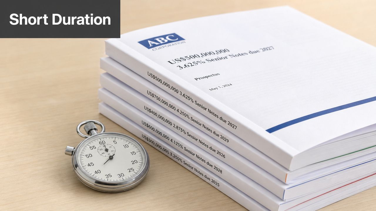 A stack of ABC Corporation financial prospectuses with a silver stopwatch on a wooden table surface.