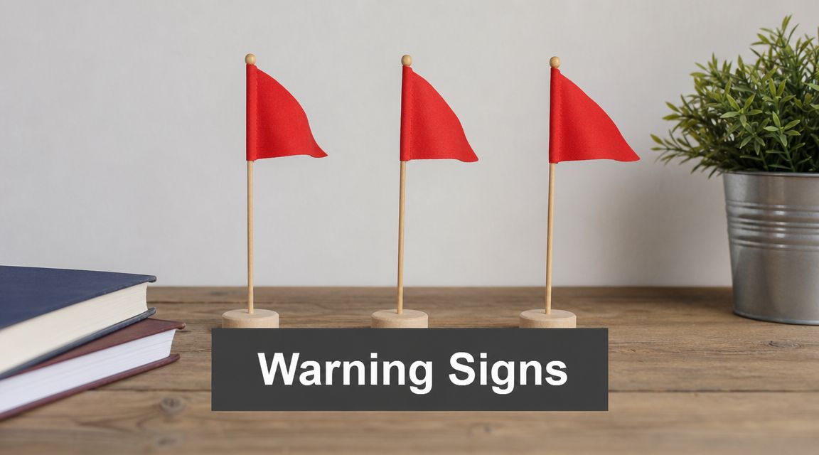 Three small red flags standing on a wooden desk next to stacked books and a potted plant.