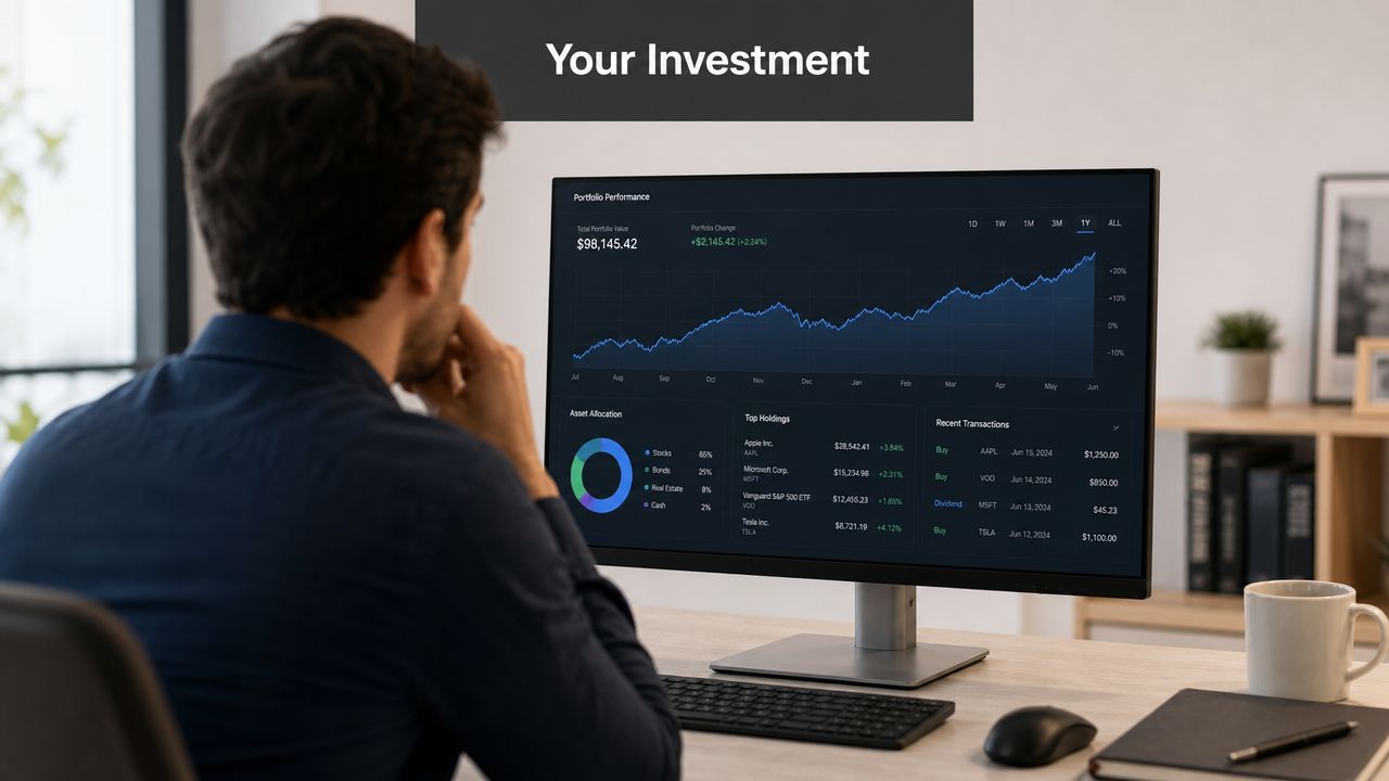 A man in a dark shirt reviews his investment portfolio dashboard on a computer screen in office.