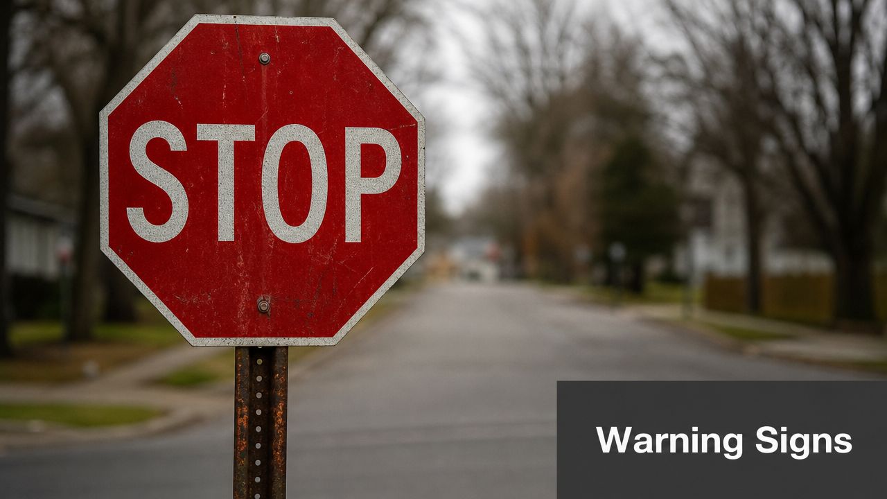 A close-up view of a red octagonal stop sign standing on a roadside in a quiet neighborhood.