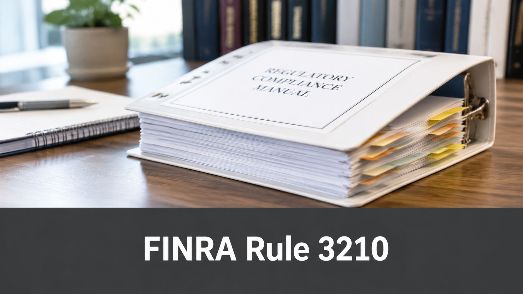 A Regulatory Compliance Manual binder sits on a wooden desk with a notebook and pen nearby.