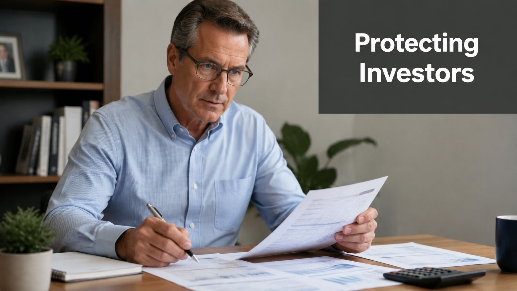 A professional man reviewing financial documents at a desk with a pen and calculator.