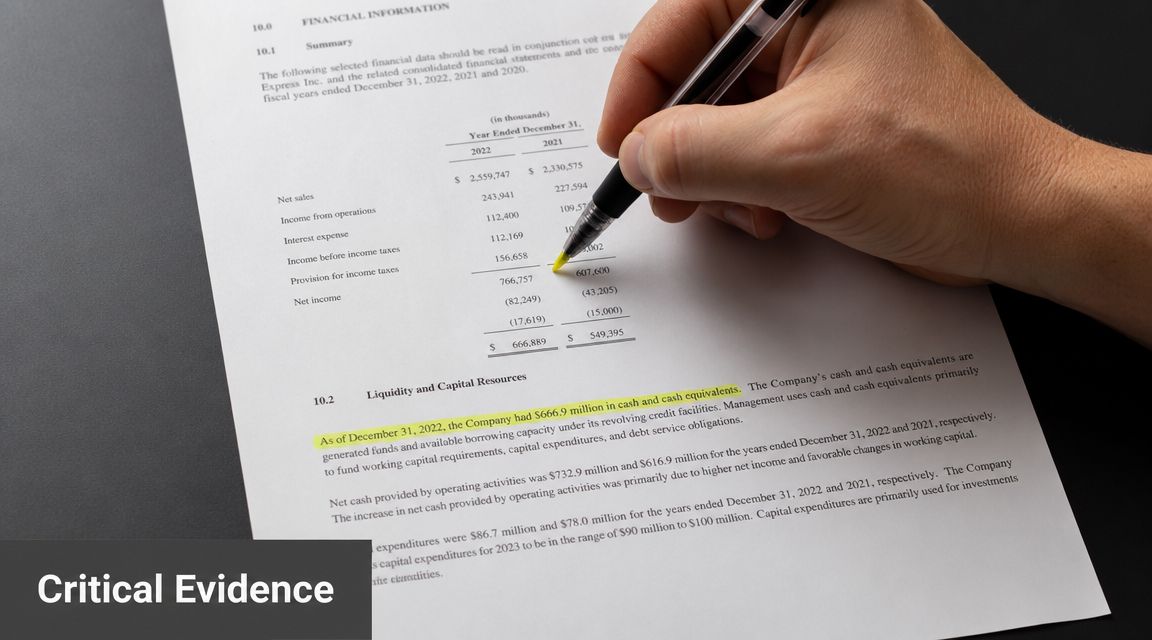 A hand highlights a paragraph in a business document regarding liquidity and capital resources with a yellow marker.