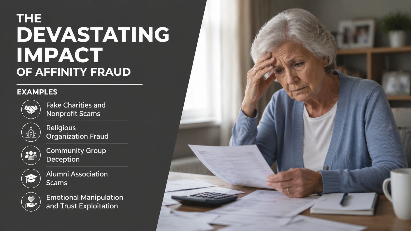 A concerned elderly woman sits at a table reviewing financial documents, illustrating the impact of affinity fraud.
