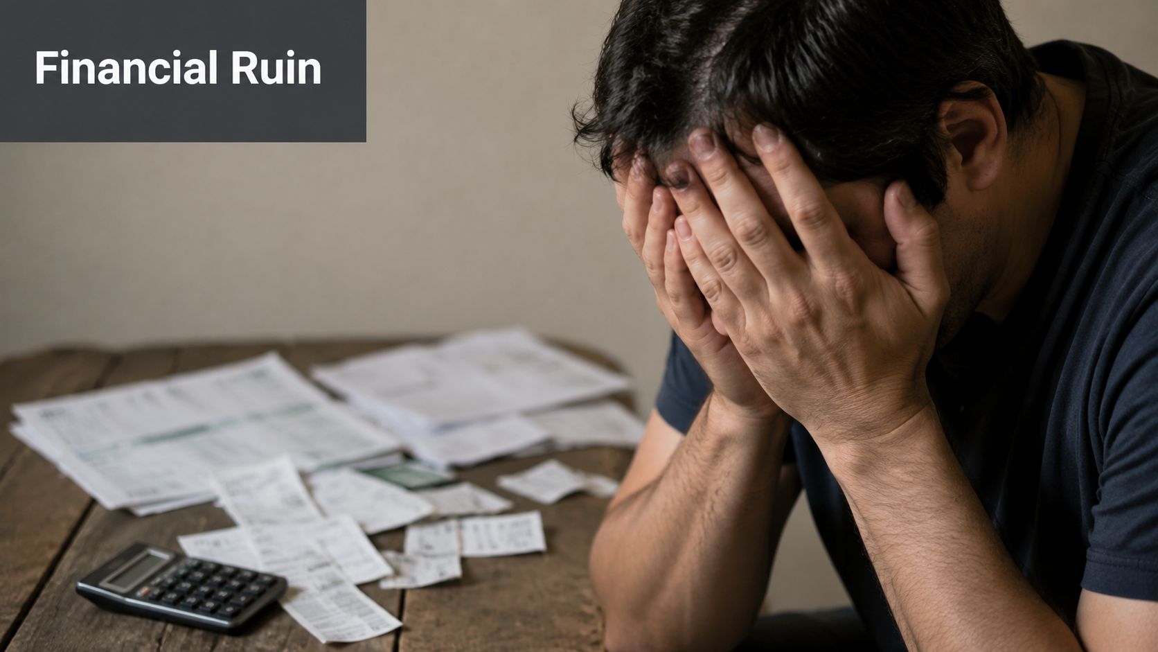 A distressed man covering his face with his hands while sitting at a table with bills and a calculator.