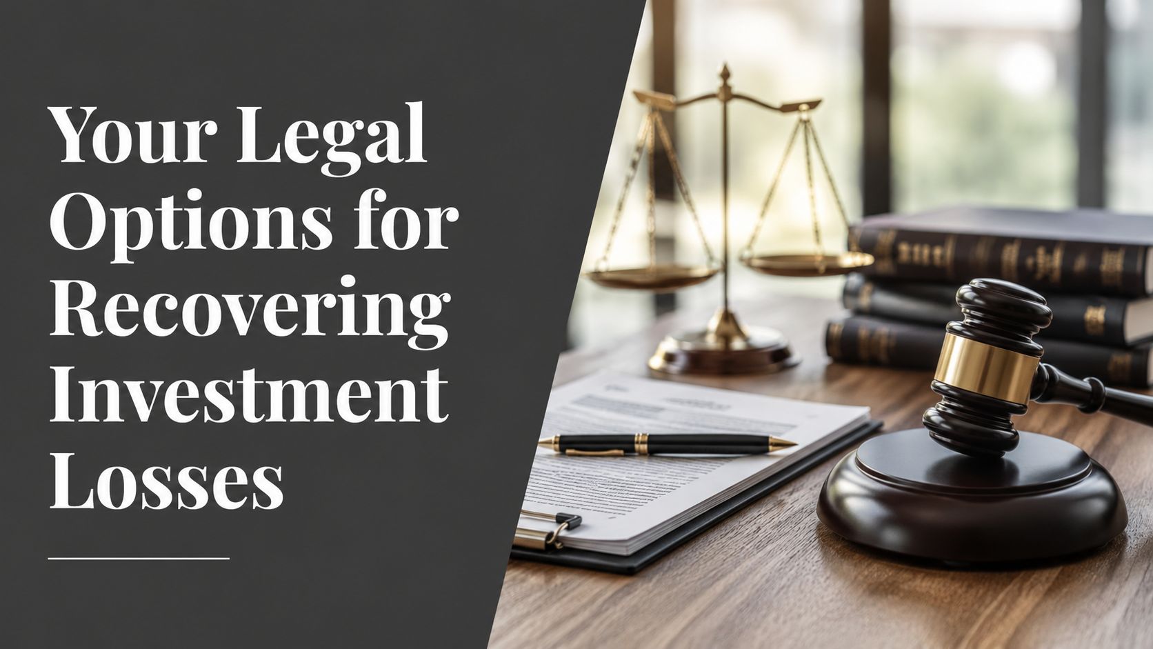 A wooden gavel and legal documents on a desk with a pair of golden scales of justice.