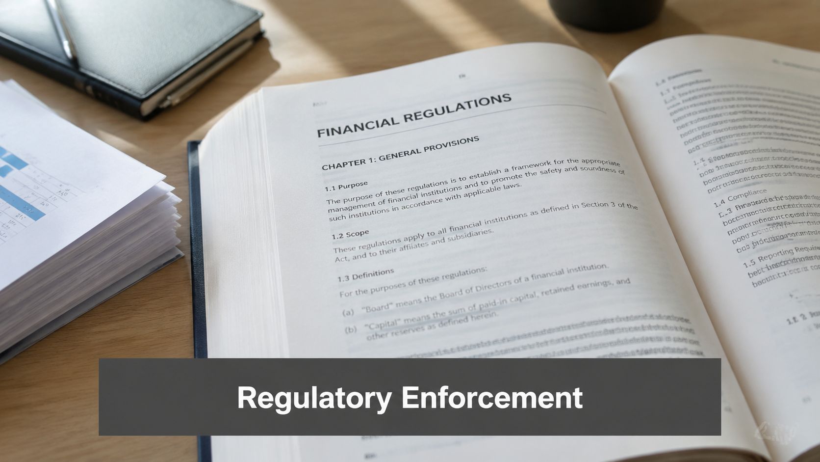An open book titled Financial Regulations with text about general provisions lying on a wooden desk.