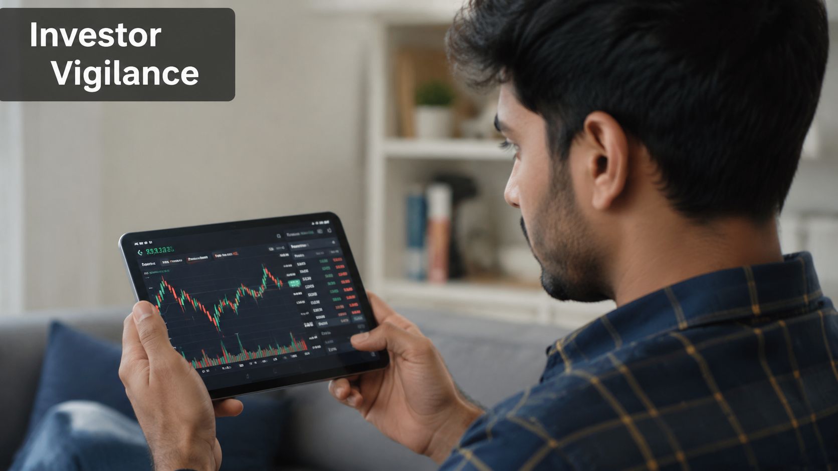 A man intensely monitoring financial stock market charts on a tablet device at home.