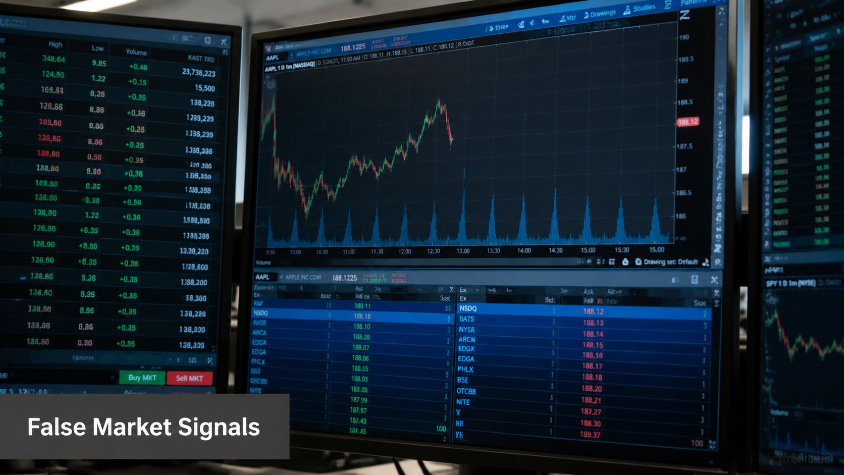 A close-up view of multiple computer screens displaying complex stock market trading charts and data tables.