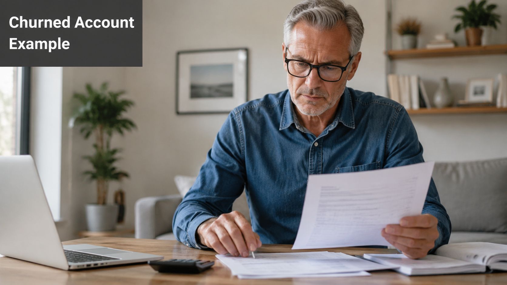 A middle-aged man with gray hair reviewing financial documents at a desk with a laptop