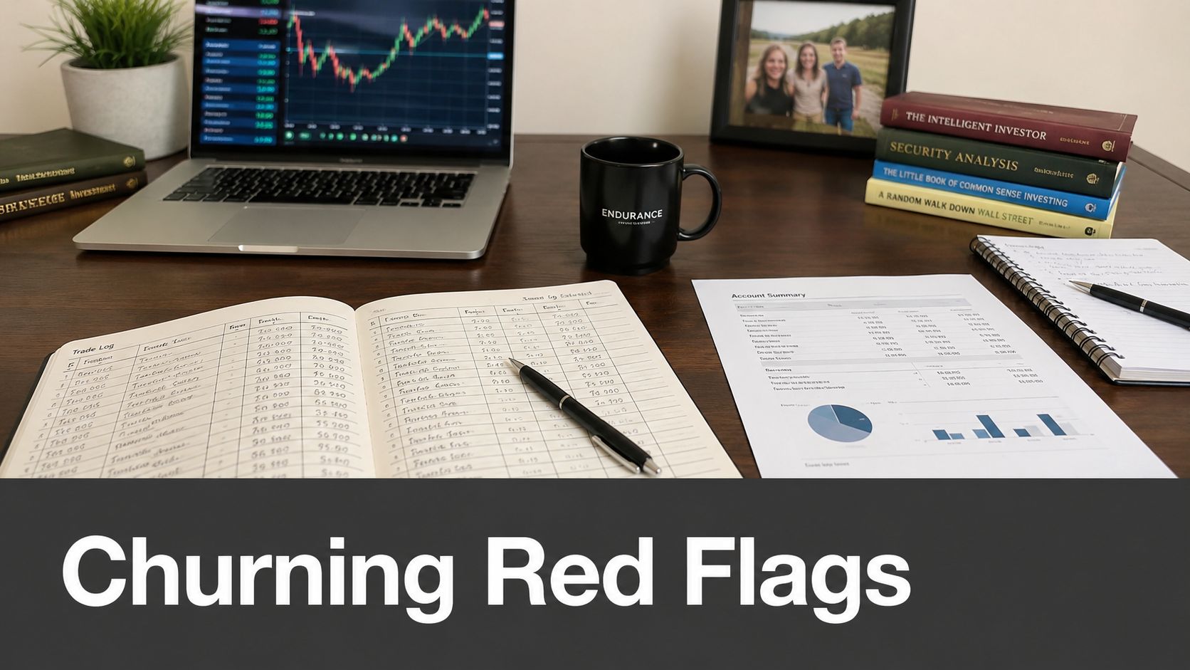 A professional desk workspace featuring a laptop, stock charts, investment books, notebooks, and financial summary reports.
