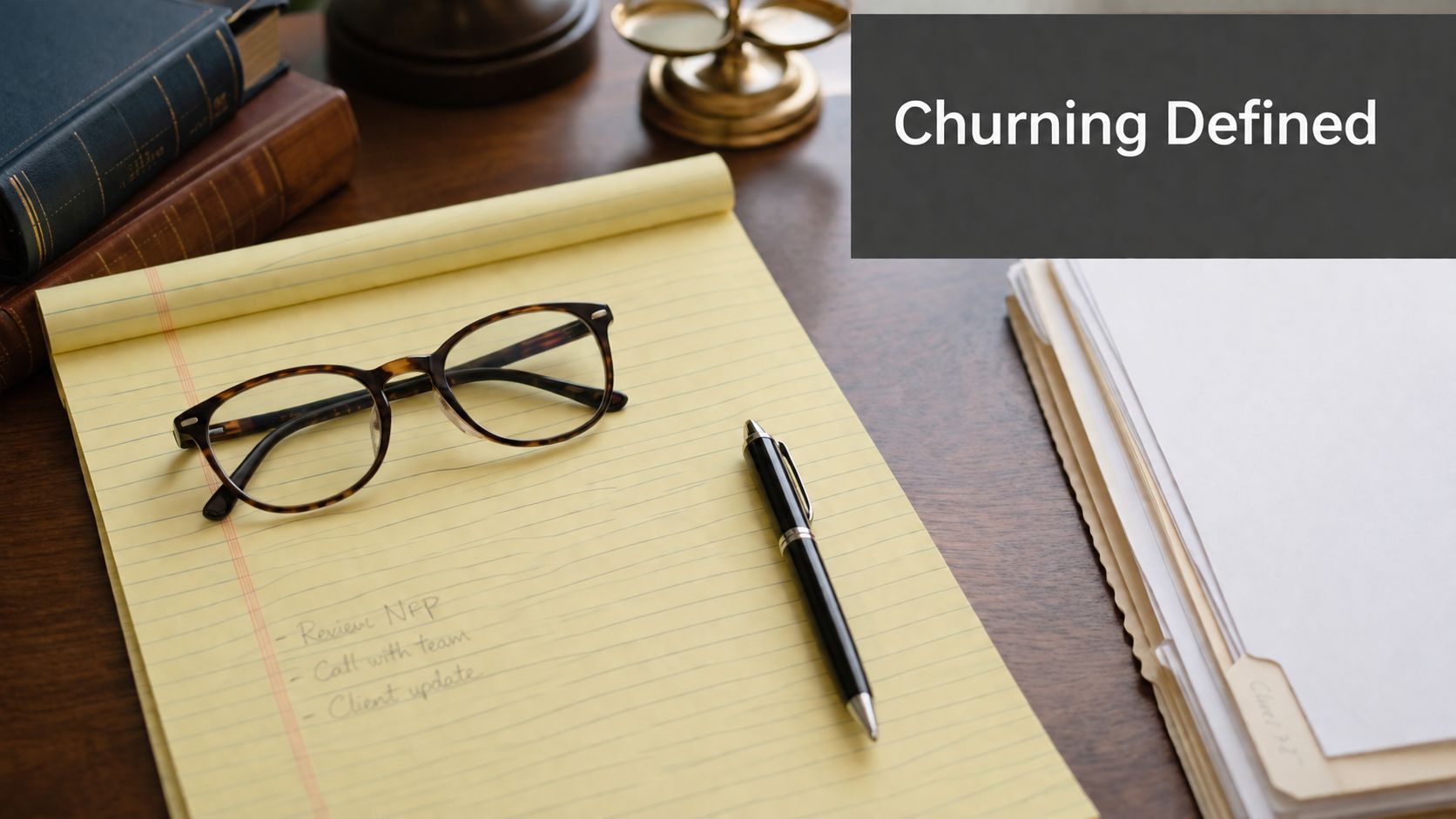 A professional office desk featuring a notepad, reading glasses, a pen, and a stack of folders.