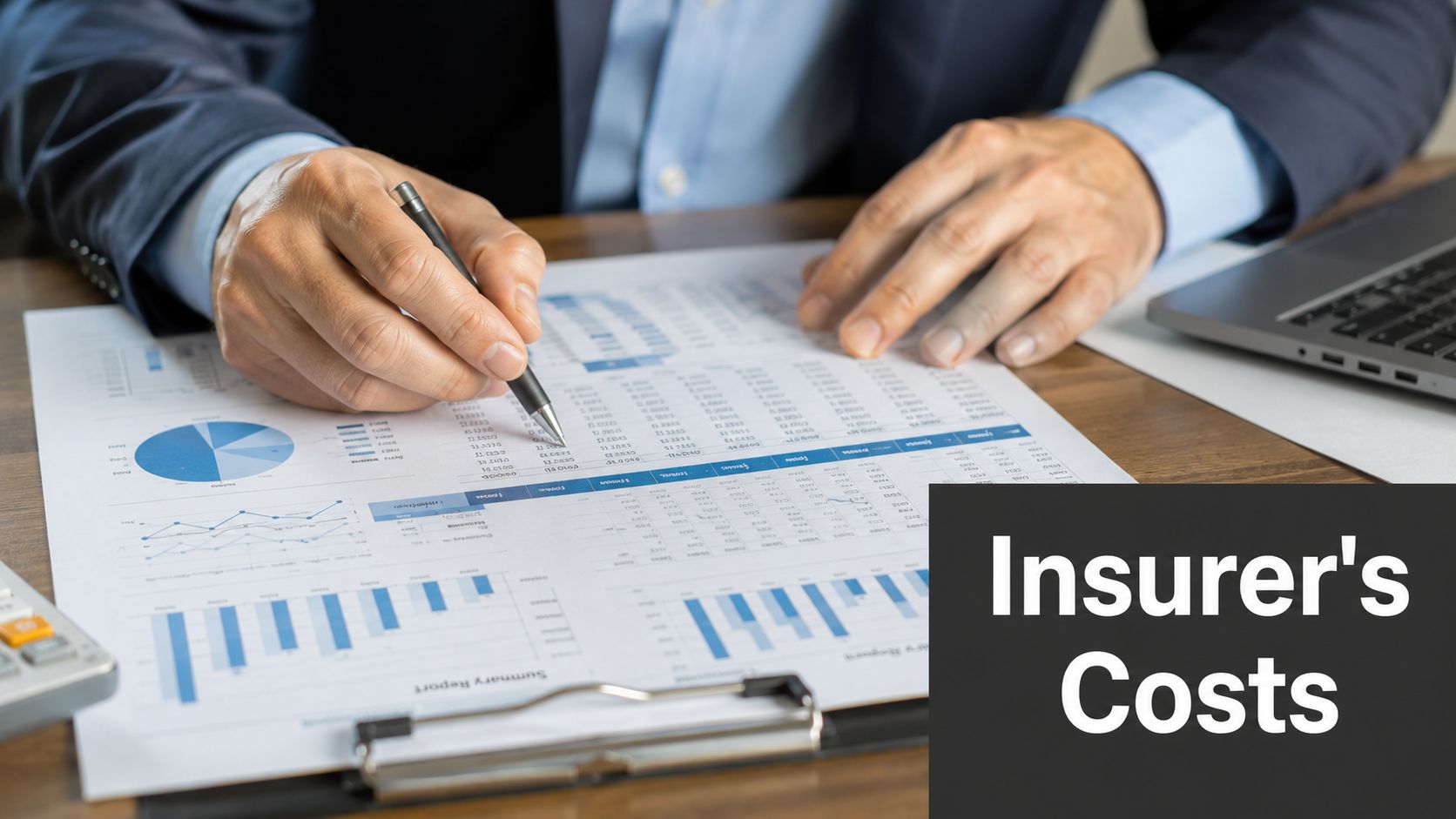 A professional analyzing financial reports and insurance data charts on a desk with a pen and laptop.