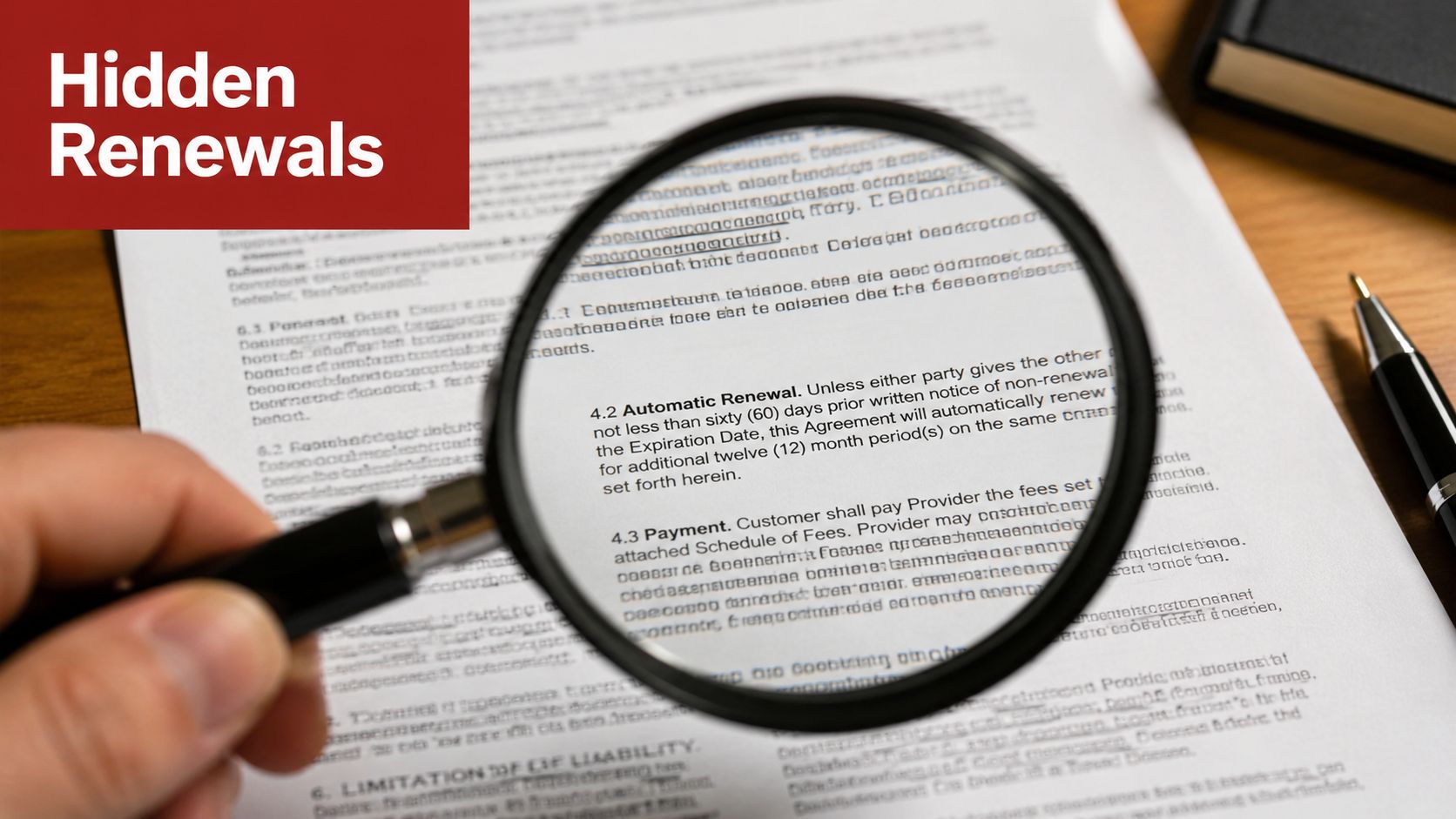 A magnifying glass focusing on a legal contract clause about automatic renewal on a white paper document.