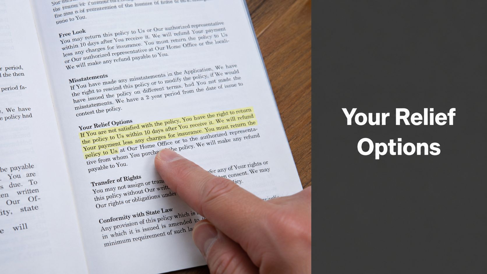A hand pointing at the highlighted Your Relief Options section of an insurance contract document.