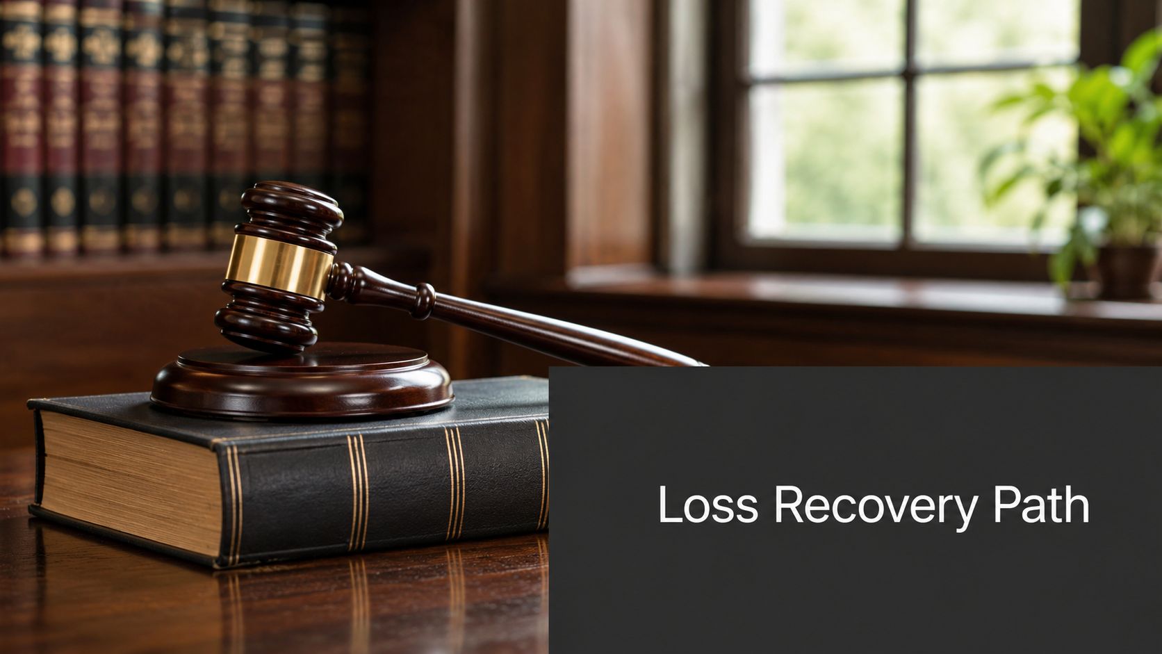 A wooden gavel resting on a leather-bound law book in a library with the text Loss Recovery Path.