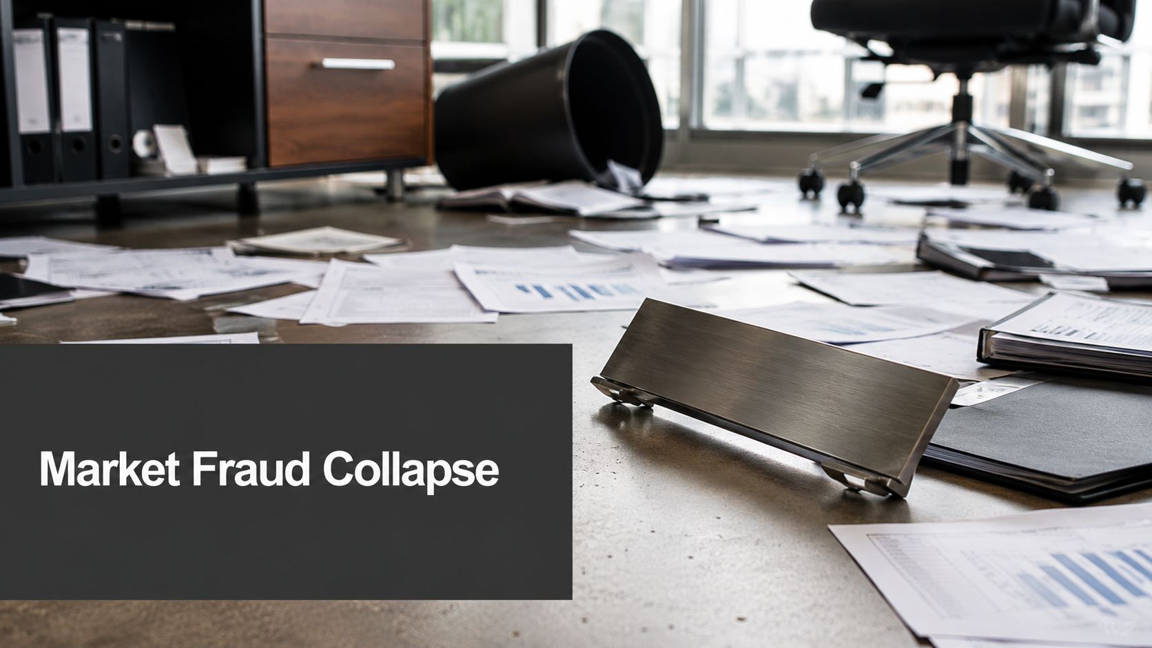 A messy office floor scattered with papers and files depicting a chaotic financial market fraud collapse scene.