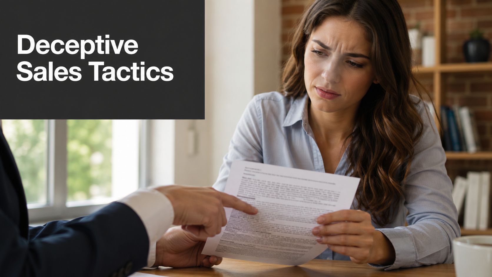 A concerned woman reading a document while a business person points at the contract during negotiations.