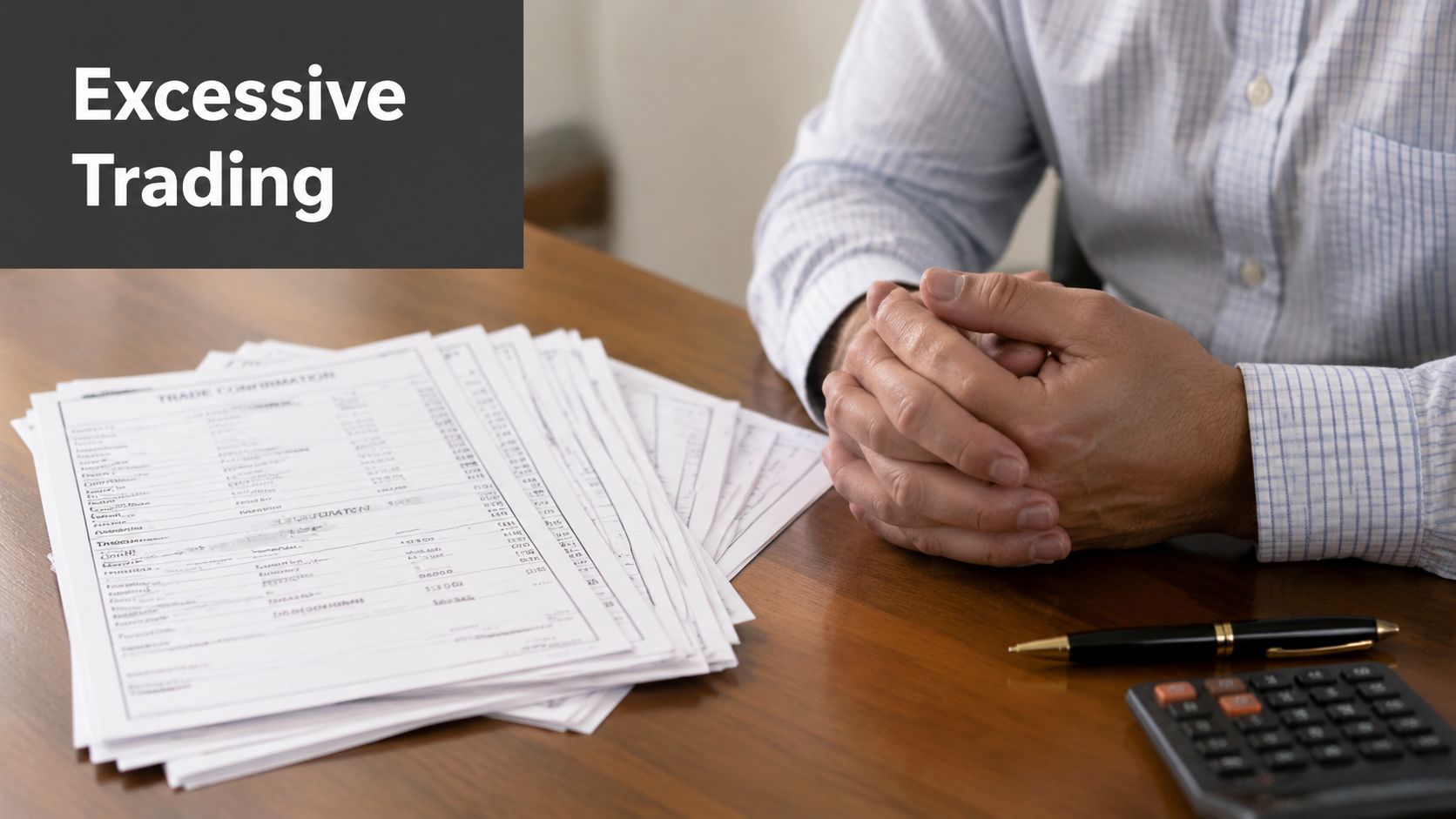 A person sitting at a wooden desk with a large stack of trade confirmation documents and calculator.