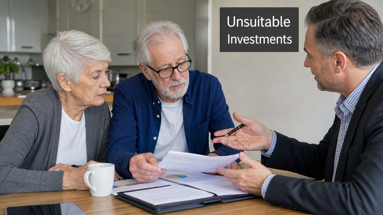 An elderly couple meets with a financial advisor to discuss document paperwork regarding unsuitable investment options.