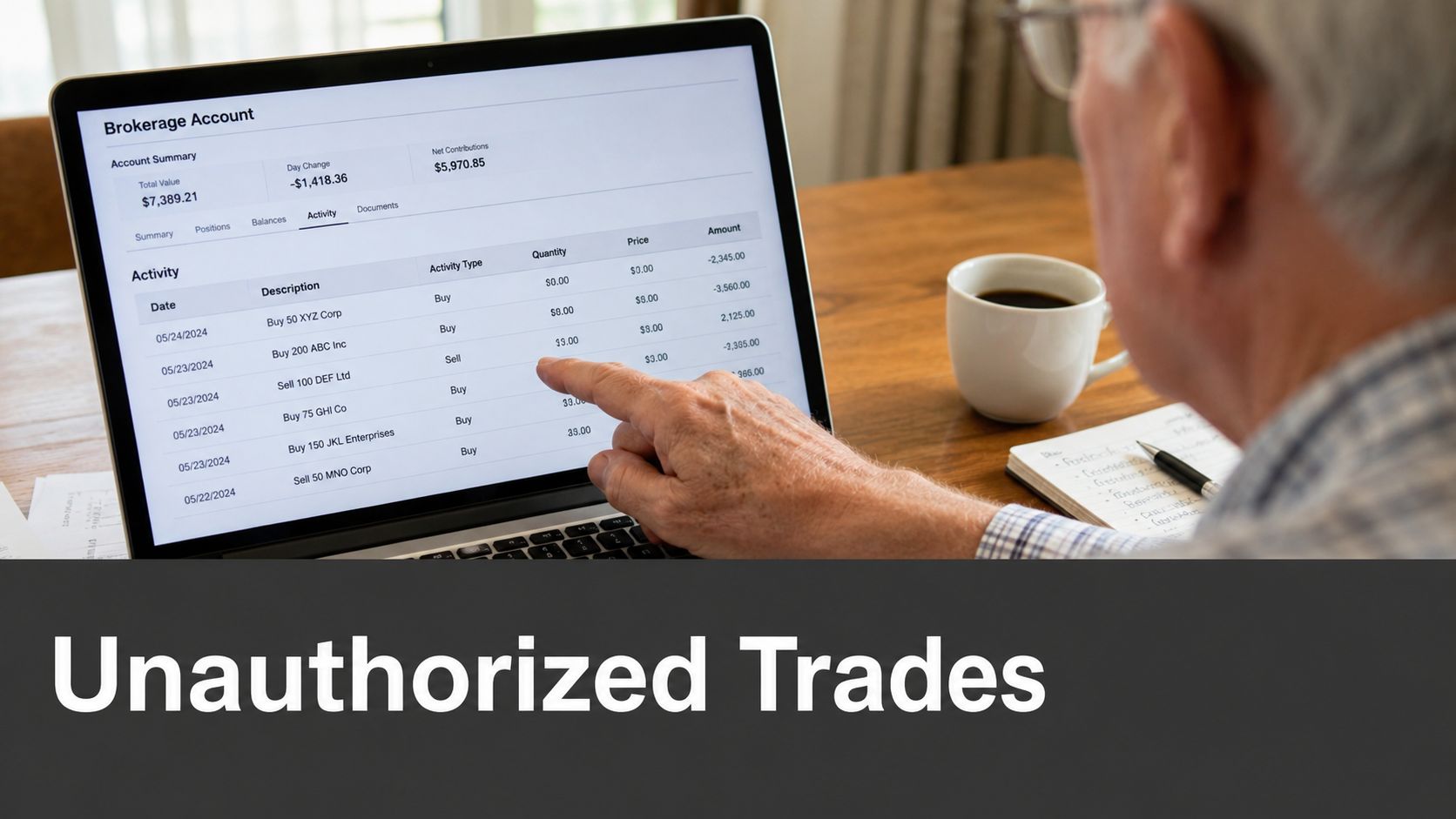An older man pointing at a computer screen displaying suspicious financial brokerage account transaction activity.