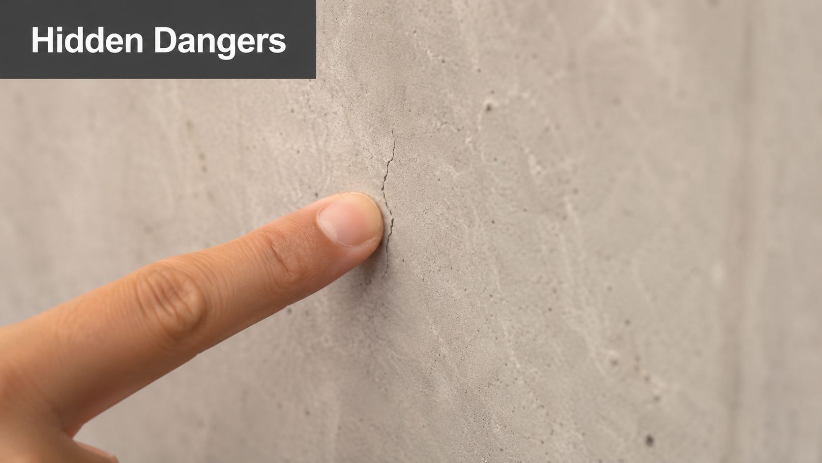 A close-up view of a person's finger pointing to a small crack in a concrete wall.