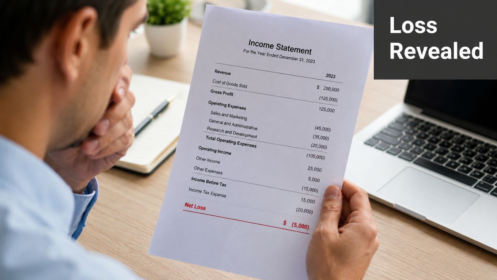 A man looking at a business income statement document showing a net loss on a wooden desk.
