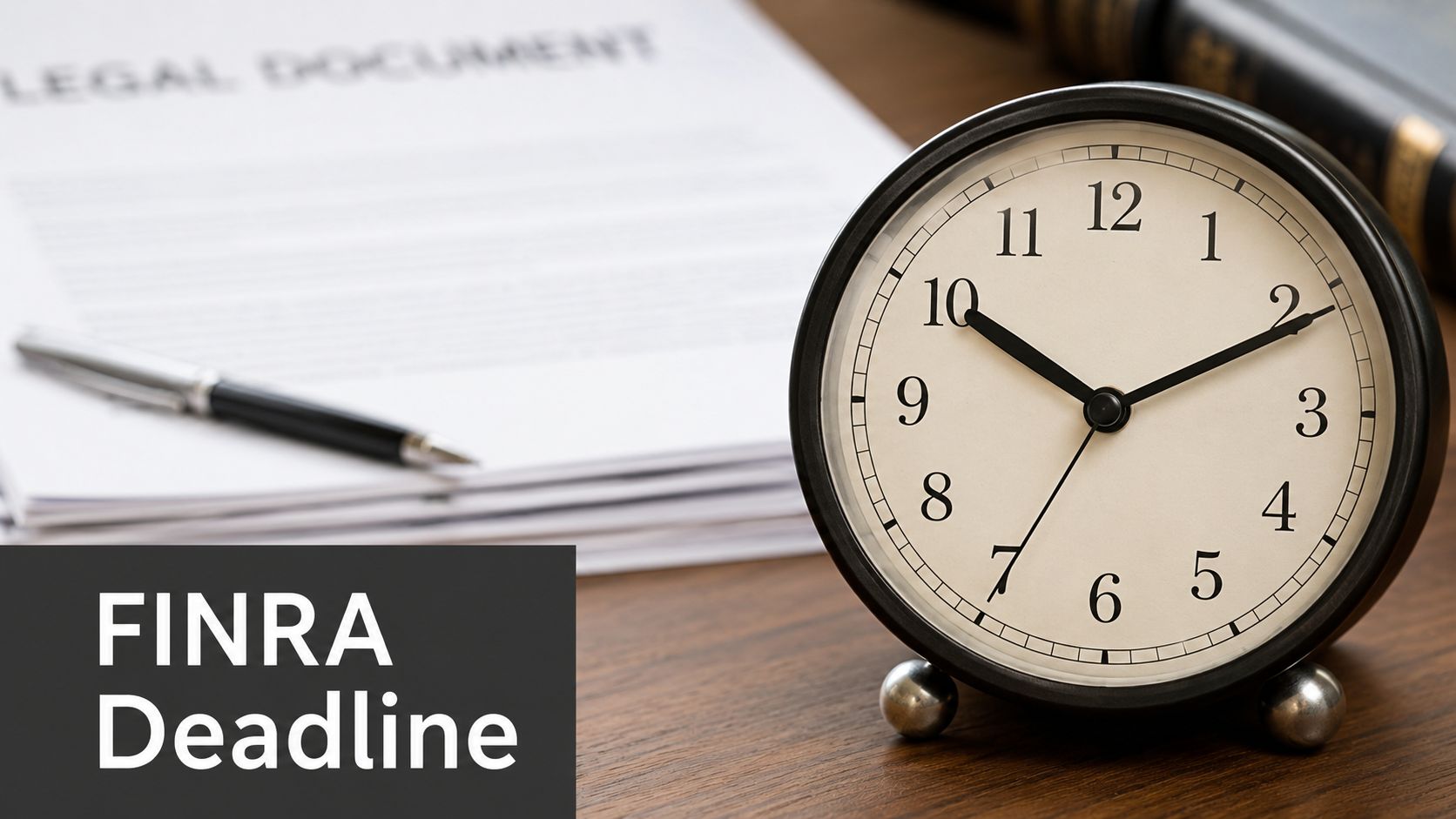 A clock on a wooden desk next to a pen and a legal document regarding a deadline.