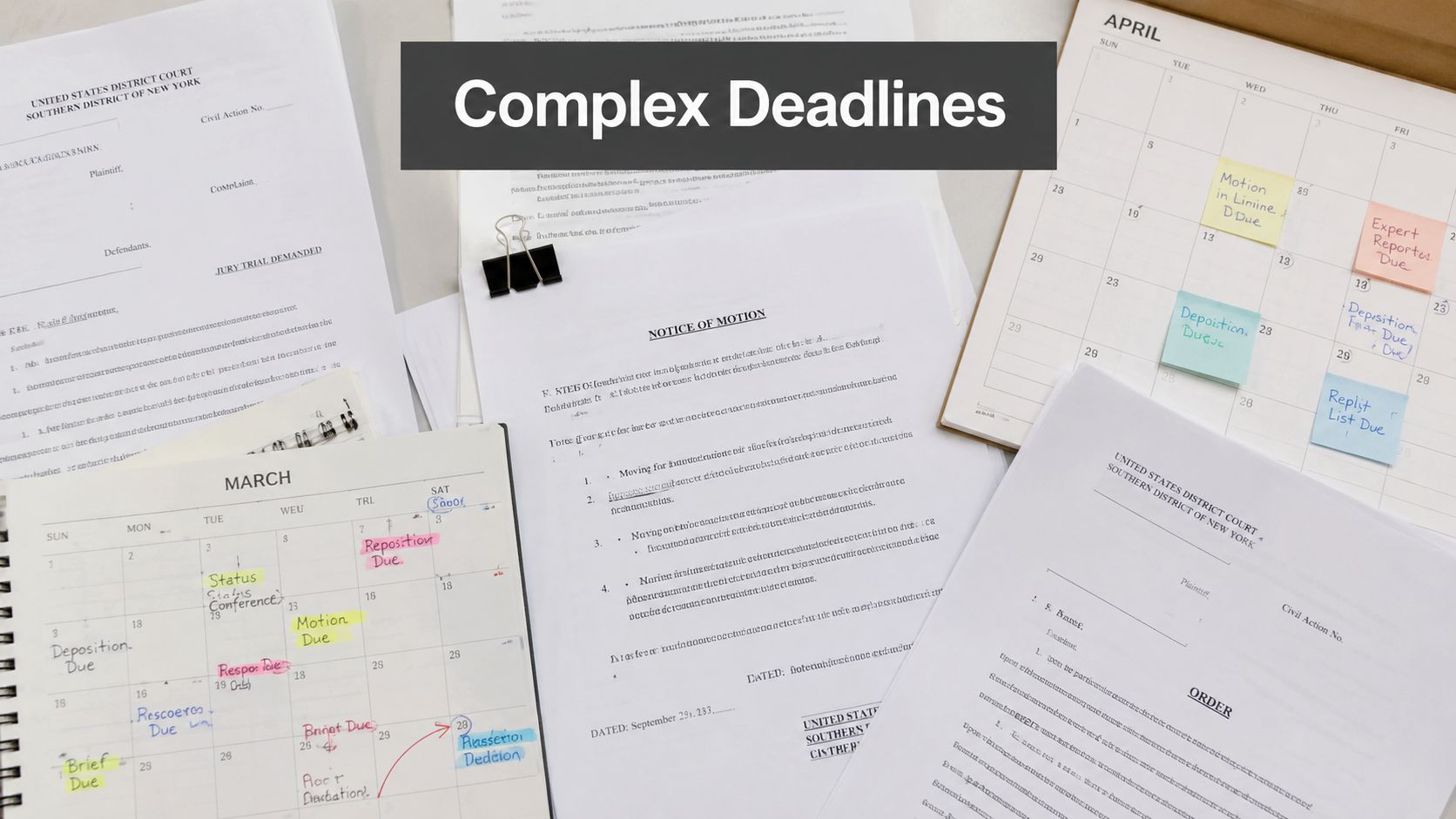 A professional desk workspace featuring legal documents, court orders, and calendars showing upcoming deadlines.