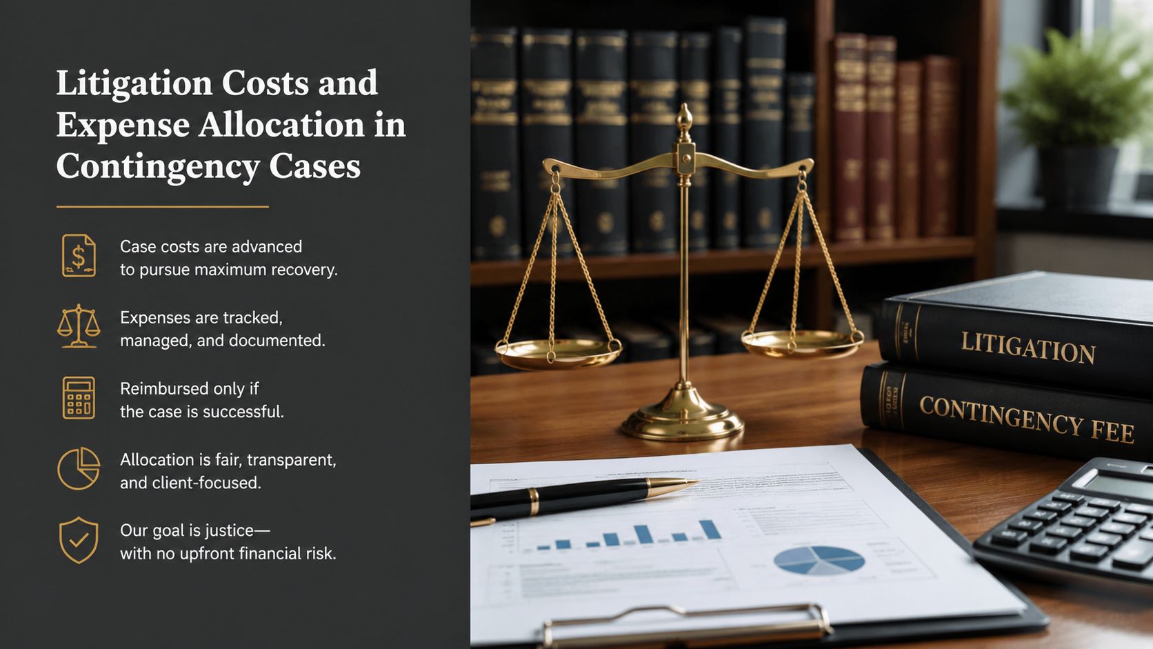 A professional legal infographic detailing contingency fee litigation costs, expenses, and client-focused financial risk management.