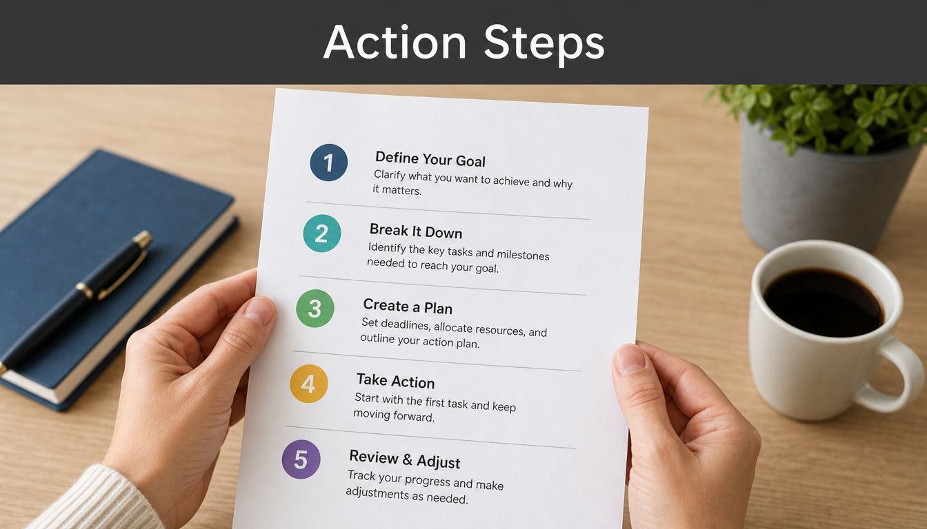 A person holding a printed list of five numbered action steps for setting and achieving goals.