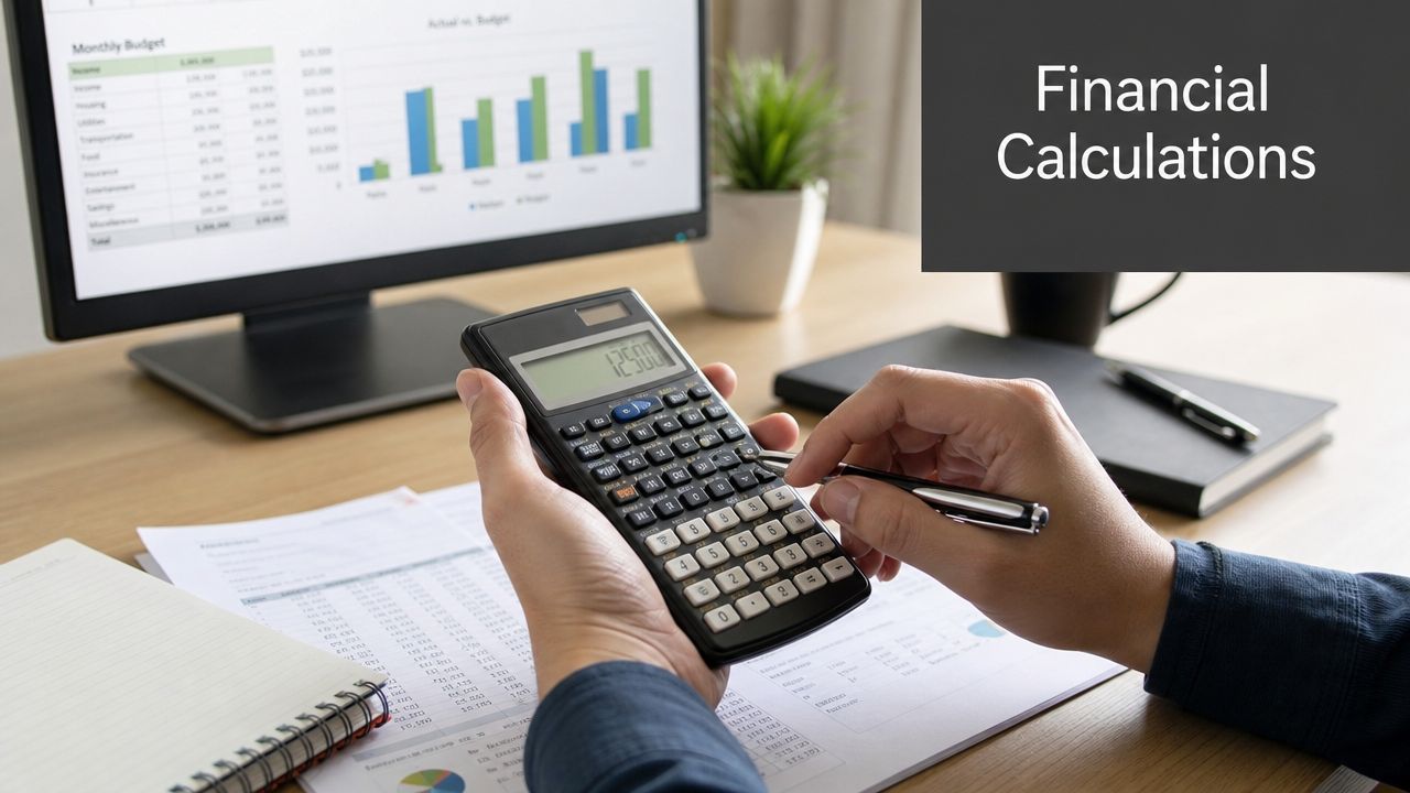 A professional analyzing financial data with a calculator and spreadsheet while working on a desktop.