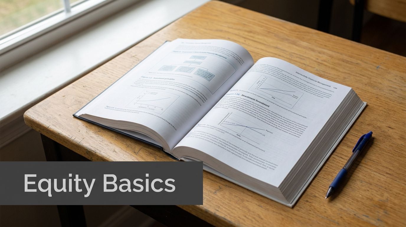 An open finance textbook lying on a wooden desk next to a blue pen near a window.