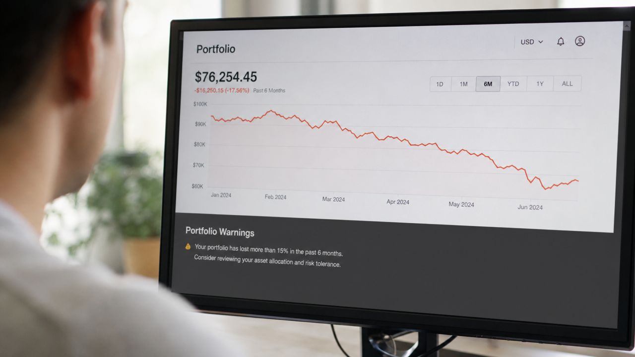 A person looking at a computer monitor displaying a declining investment portfolio chart and financial warnings.