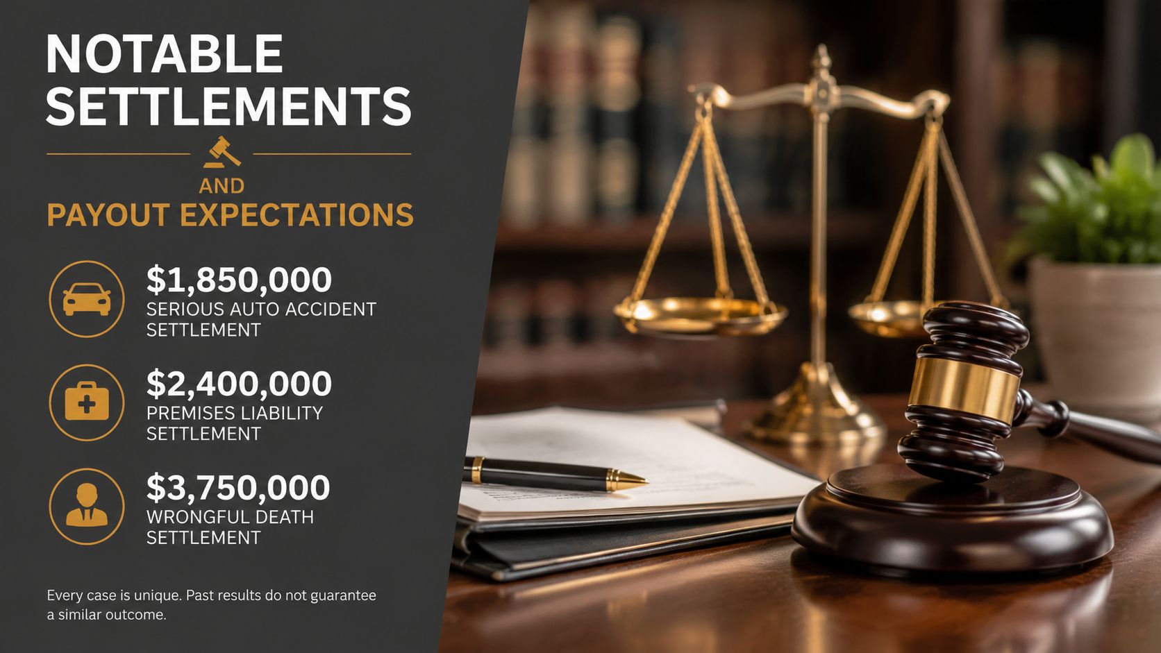 A legal infographic showing notable settlement amounts for auto accidents, premises liability, and wrongful death cases.