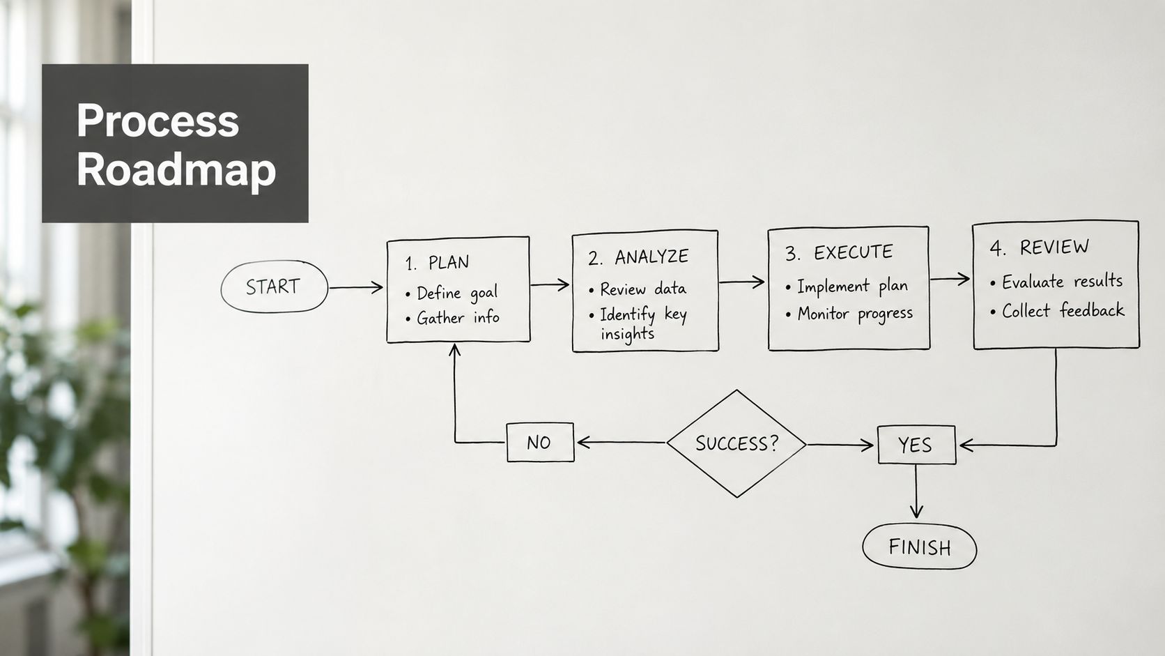 A hand-drawn whiteboard diagram illustrating a business process roadmap with four steps and a success decision loop.