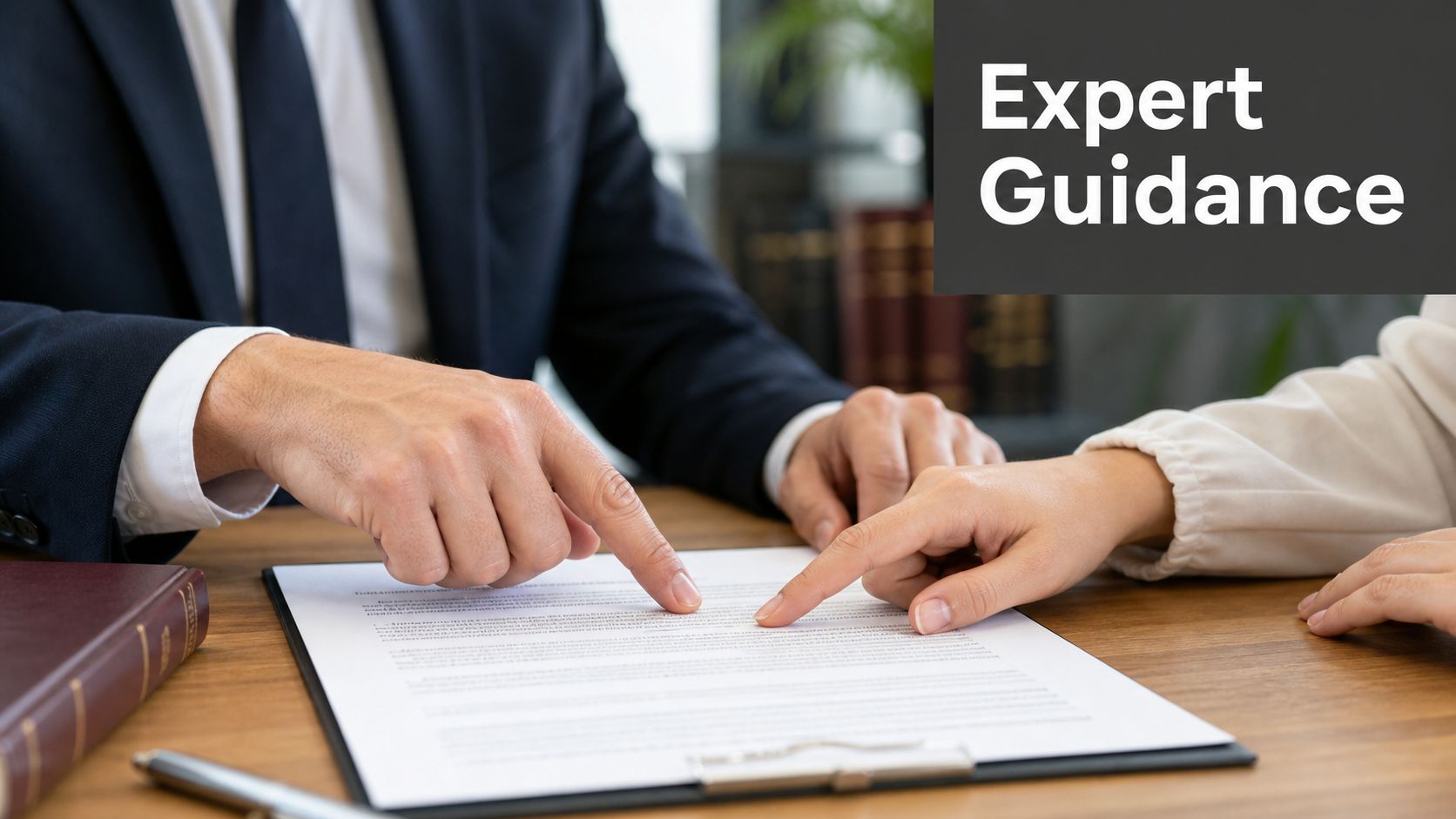 A professional lawyer and a client reviewing a legal document together at a wooden table in an office.